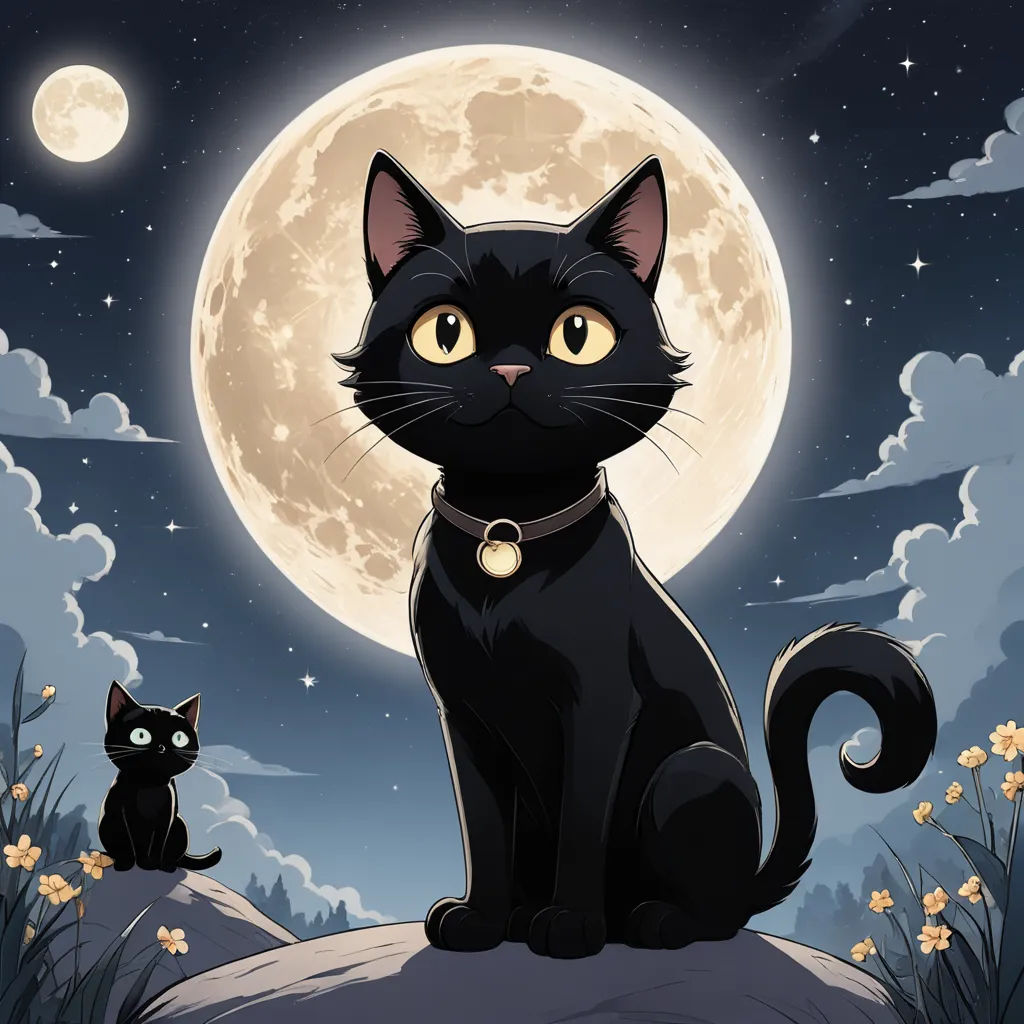 a black cat sitting on a rock with a full moon in the background and a black cat sitting on the rock, gothic art, a storybook illustration, Felix-Kelly, dark background