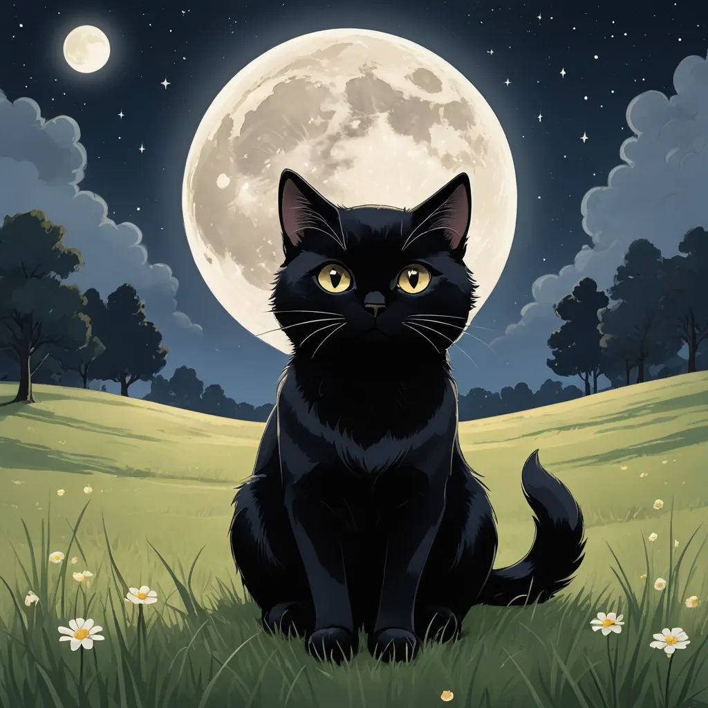 a black cat sitting in a field with a full moon in the background and trees and grass in the foreground, gothic art, a storybook illustration, Felix-Kelly, dark background