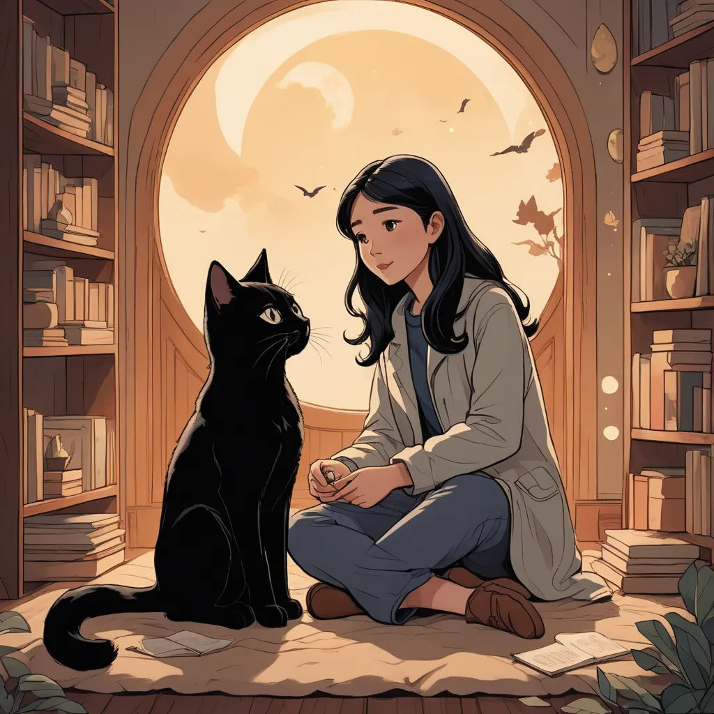 a girl sitting on the floor next to a black cat in front of a window with bats flying around, fantasy art, a storybook illustration, Atey Ghailan, comic cover art