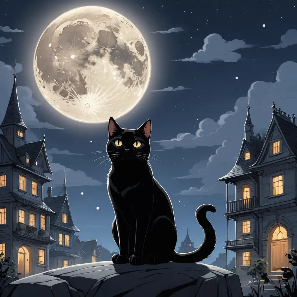 a black cat sitting on a rock in front of a full moon and castle like building with a full moon in the background, gothic art, a storybook illustration, Dan Mumford, dark background
