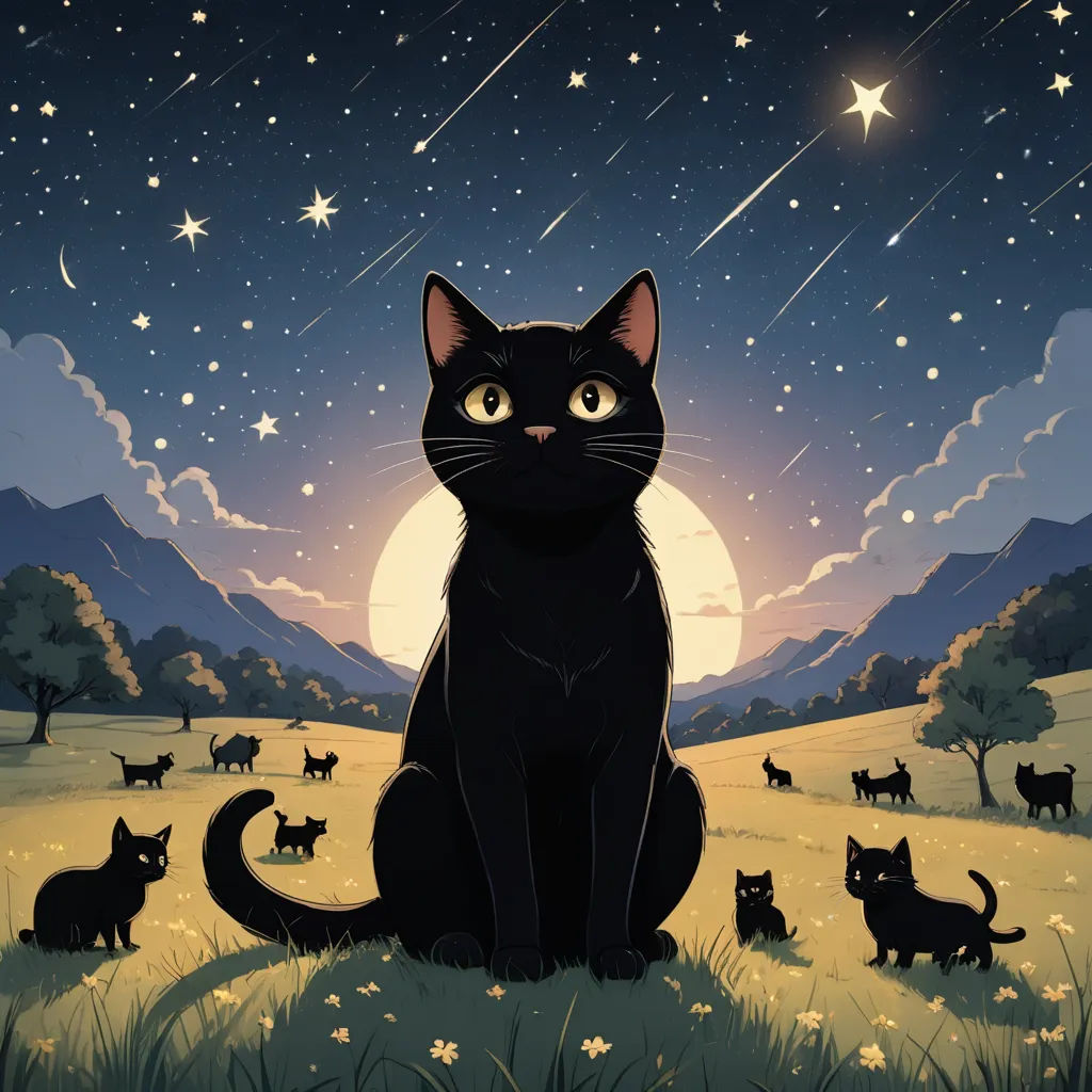 a black cat sitting in a field with stars and a full moon in the background with stars in the sky, space art, a storybook illustration, Dan Mumford, night sky