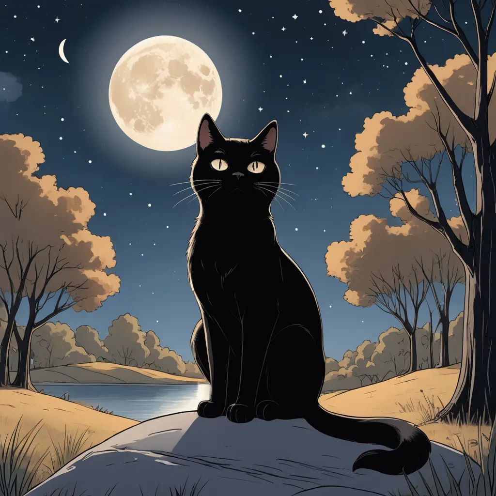 a black cat sitting on a rock in the woods at night with the moon in the sky above it, gothic art, a storybook illustration, Asaf Hanuka, dark background