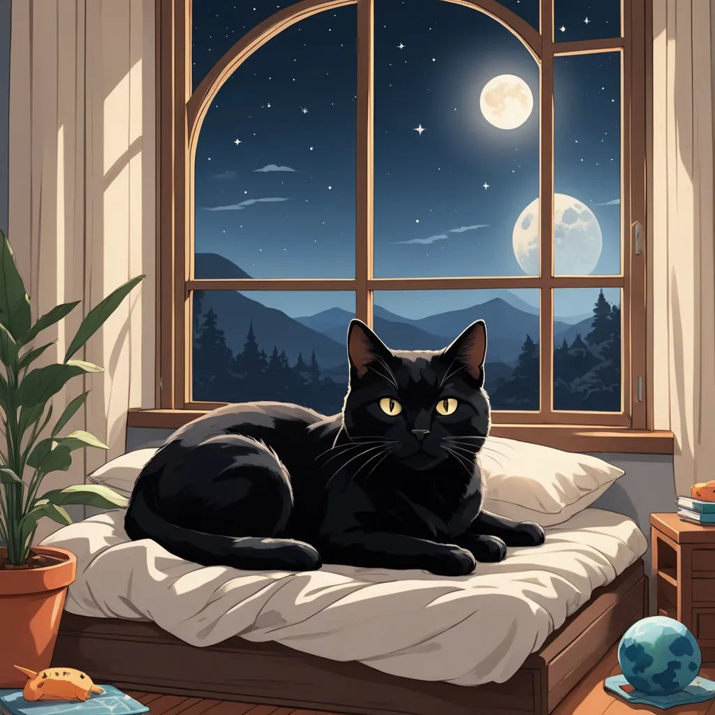 a black cat is laying on a bed looking out the window at the moon and stars outside the window, space art, a storybook illustration, Atey Ghailan, midnight