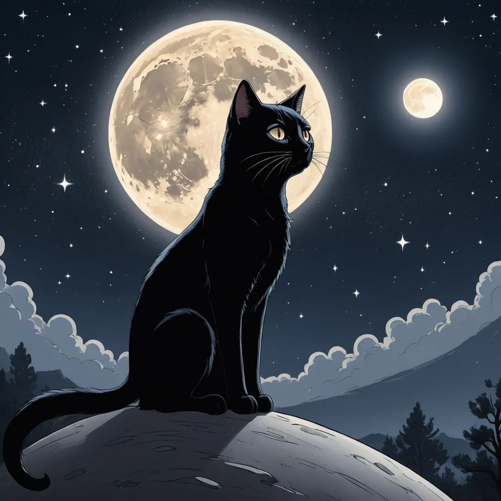 a black cat sitting on a rock in front of a full moon and stars sky with clouds and trees, gothic art, a storybook illustration, Carlos Catasse, dark background
