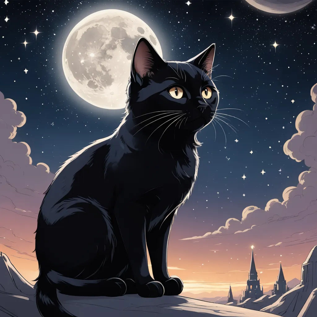 a black cat sitting on a rock in front of a full moon and castle like building with a spire, space art, a storybook illustration, Dan Mumford, dark background