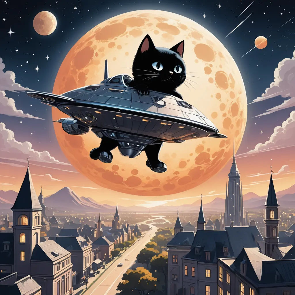 a black cat flying in the sky over a city with a full moon in the background and a flying saucer, space art, a storybook illustration, Chris LaBrooy, promotional image