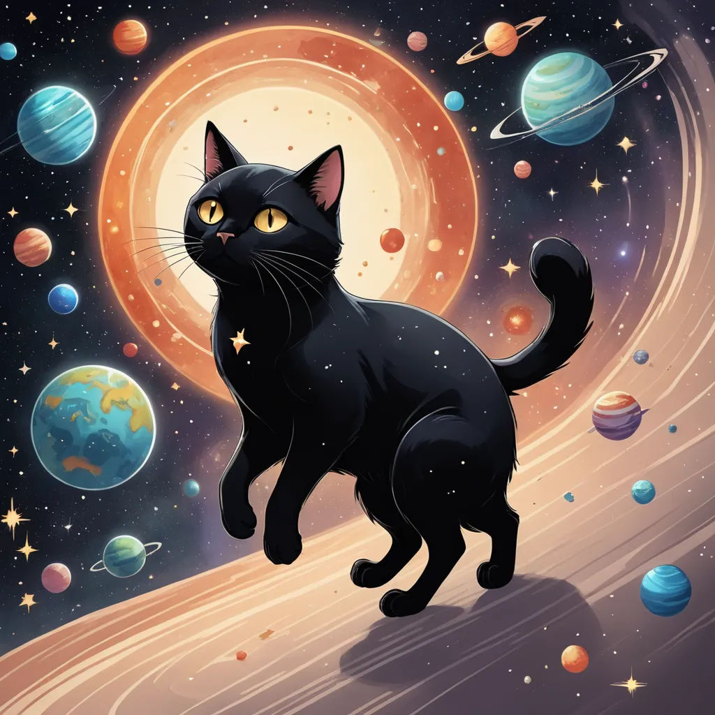 a black cat standing on top of a planet with planets in the background and a sun in the sky, space art, an album cover, Chris LaBrooy, space