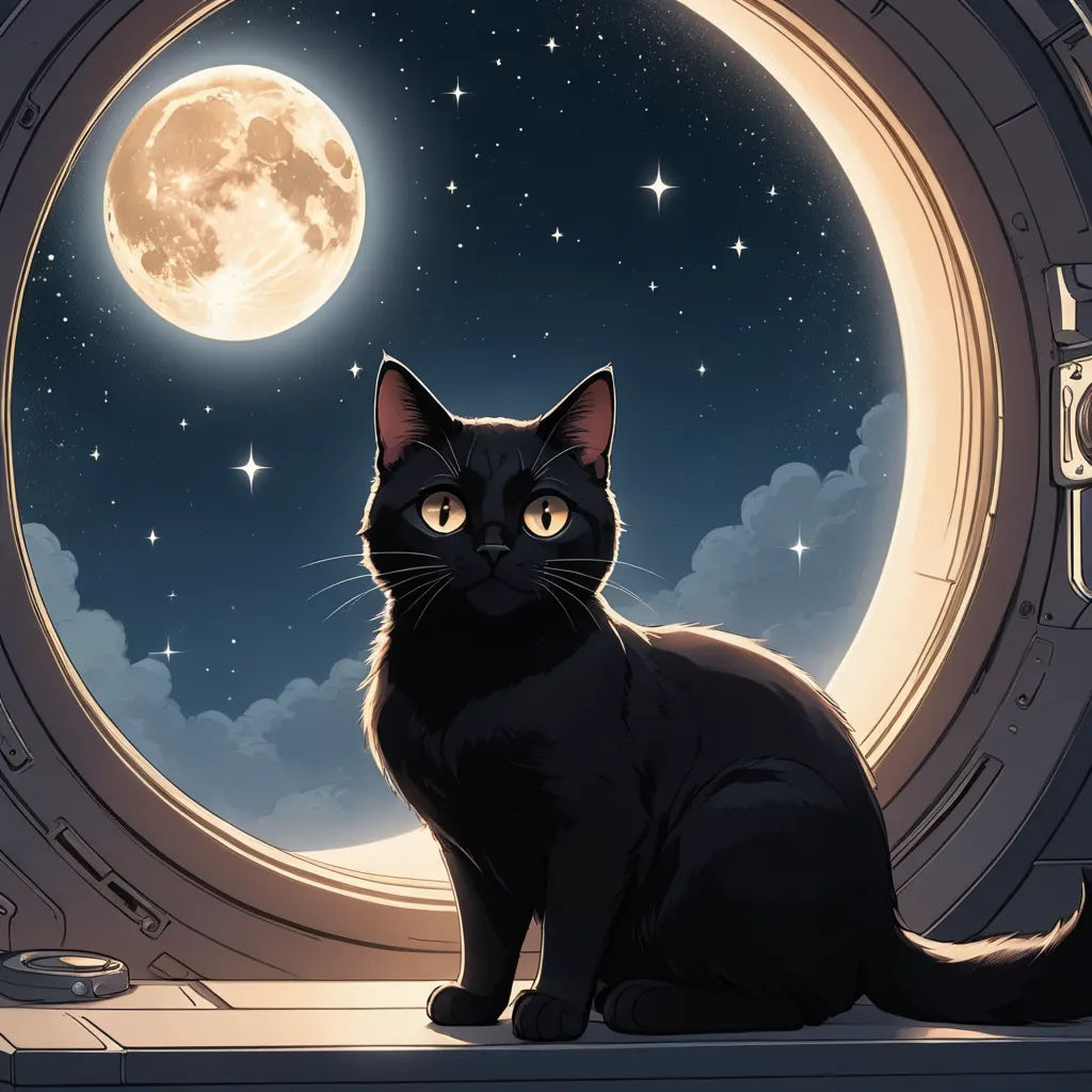 a black cat sitting in a window looking at the moon and stars in the sky with a full moon behind it, space art, a comic book panel, Dan Mumford, dark background
