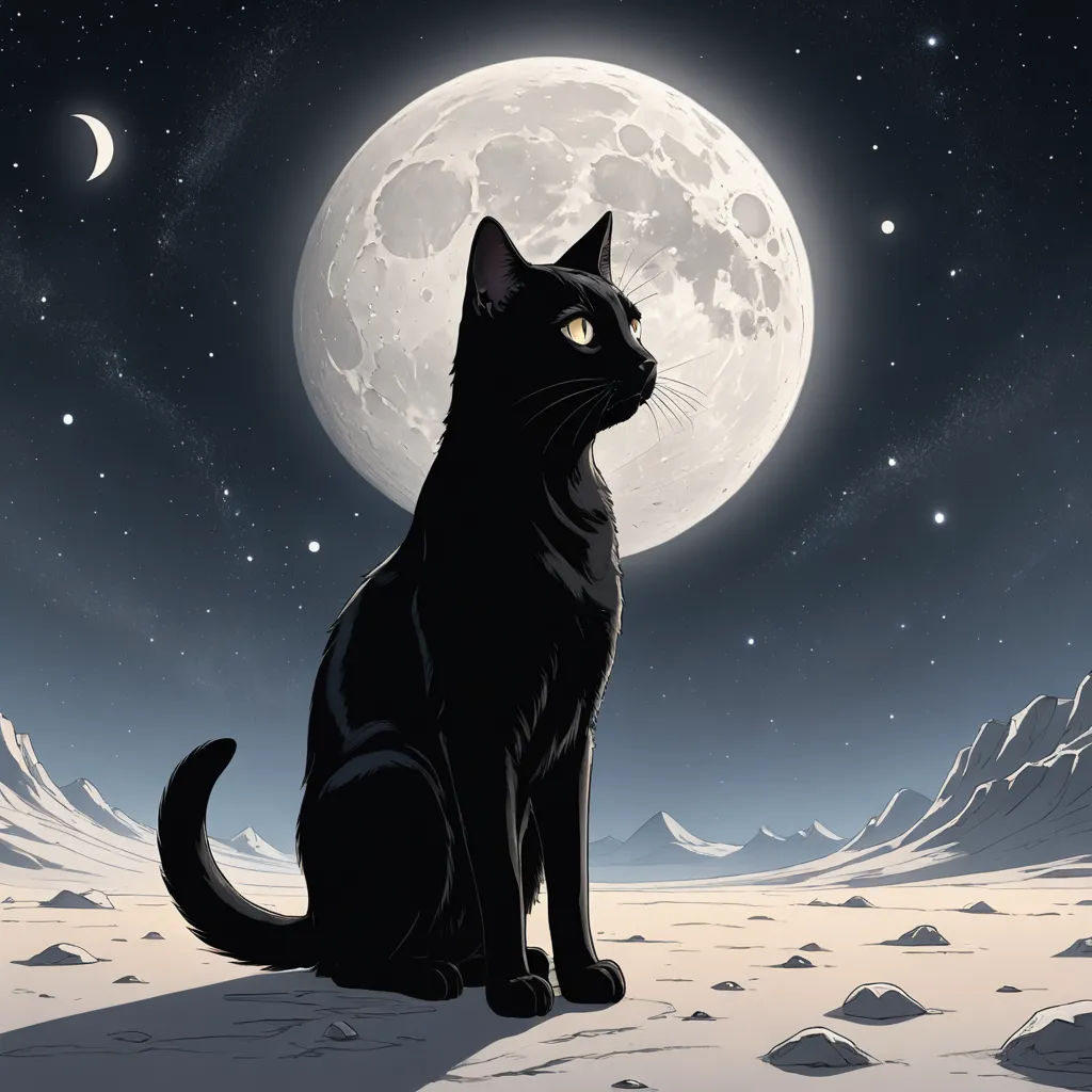 a black cat sitting in the snow with a full moon in the background and a mountain range in the foreground, space art, an album cover, Asaf Hanuka, black background
