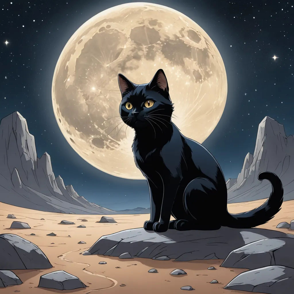 a black cat sitting on a rock in front of a full moon and stars sky with rocks and boulders, space art, an album cover, Cliff Childs, dark background