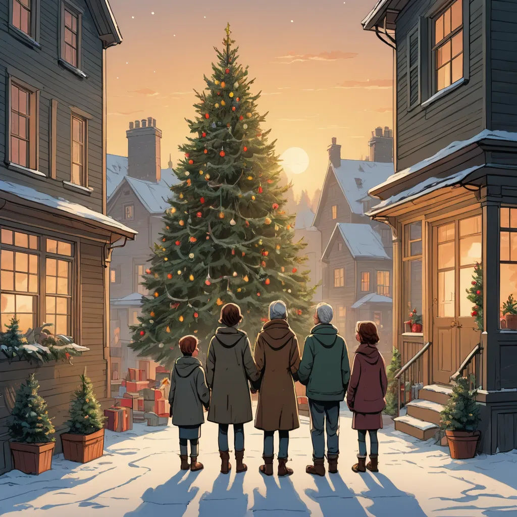a family standing in front of a christmas tree in a snowy town at night with a lit christmas tree, magical realism, a storybook illustration, Evgeny Lushpin, official art