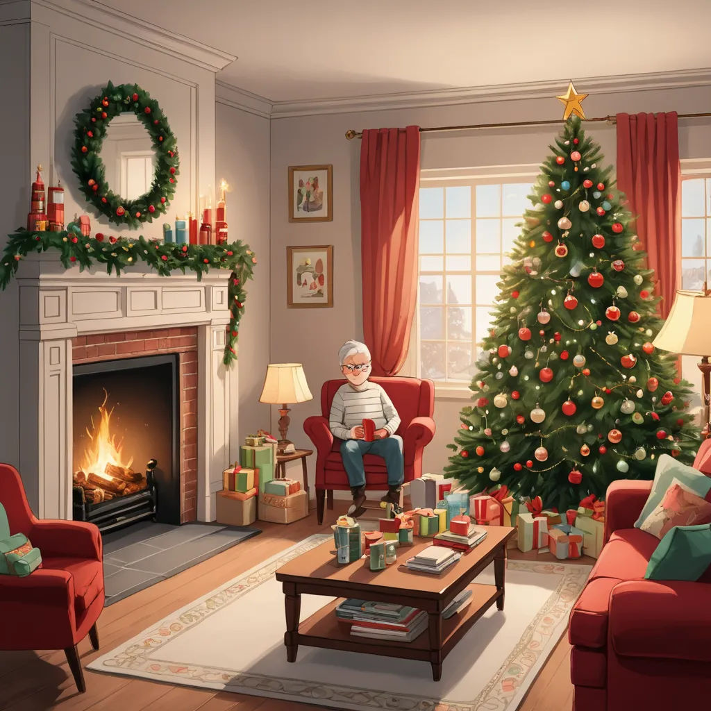 a living room with a christmas tree and a man sitting in a chair in front of a fire place, photorealism, a storybook illustration, Evgeny Lushpin, unreal engine render