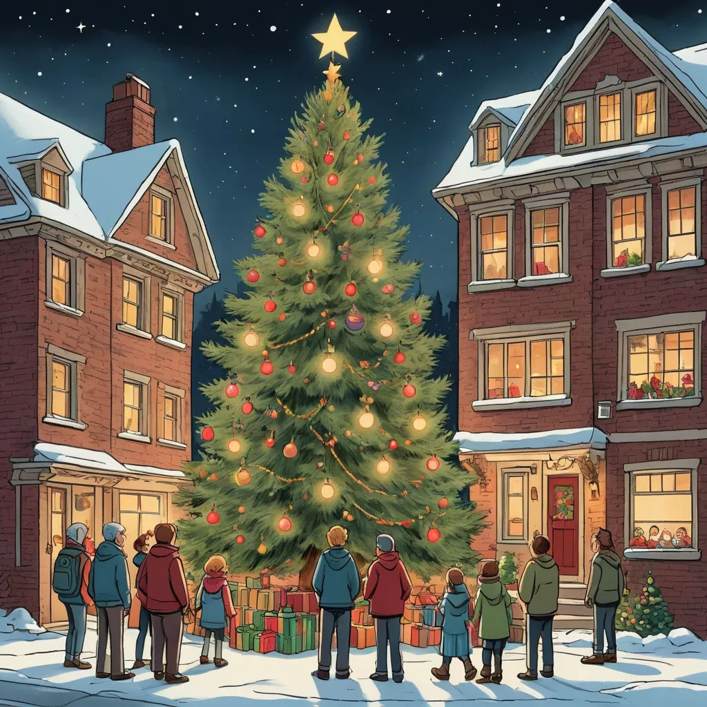 a christmas tree with people standing around it in front of a building with a lit up tree in the middle, american realism, a storybook illustration, Chris Ware, official art