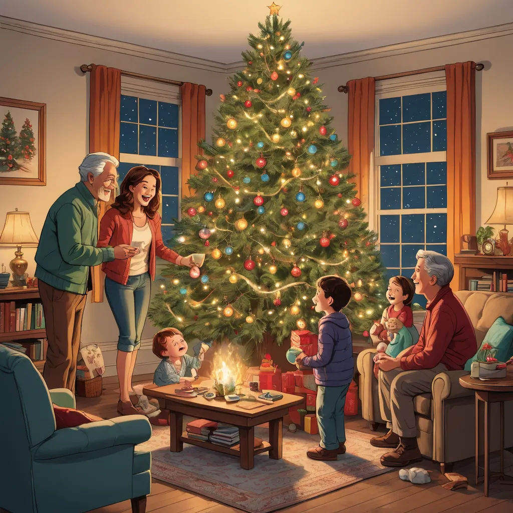 a family is gathered around a christmas tree in a living room with a lit fireplace and a christmas tree, american scene painting, a storybook illustration, F Scott Hess, official art