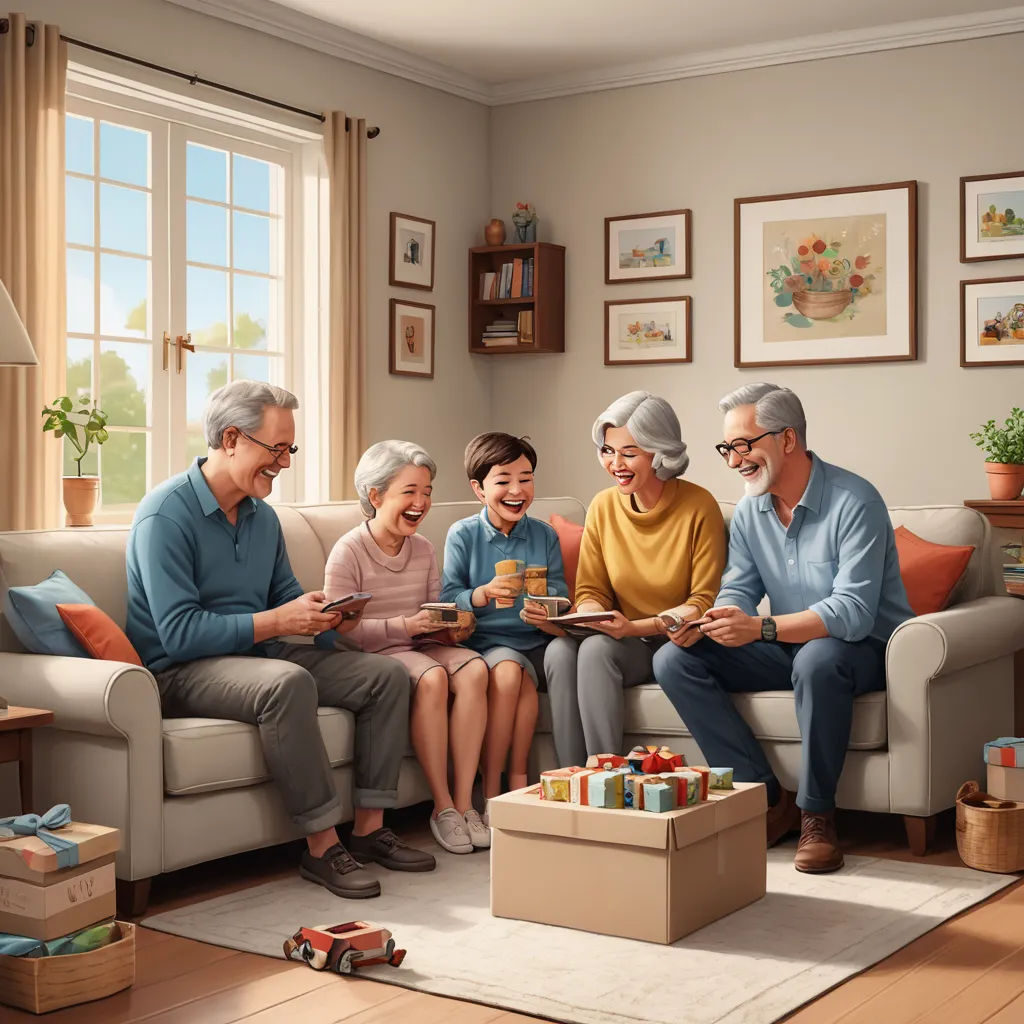 a family sitting on a couch in a living room together, all looking at a cell phone and smiling, photorealism, a storybook illustration, Chris LaBrooy, promotional image