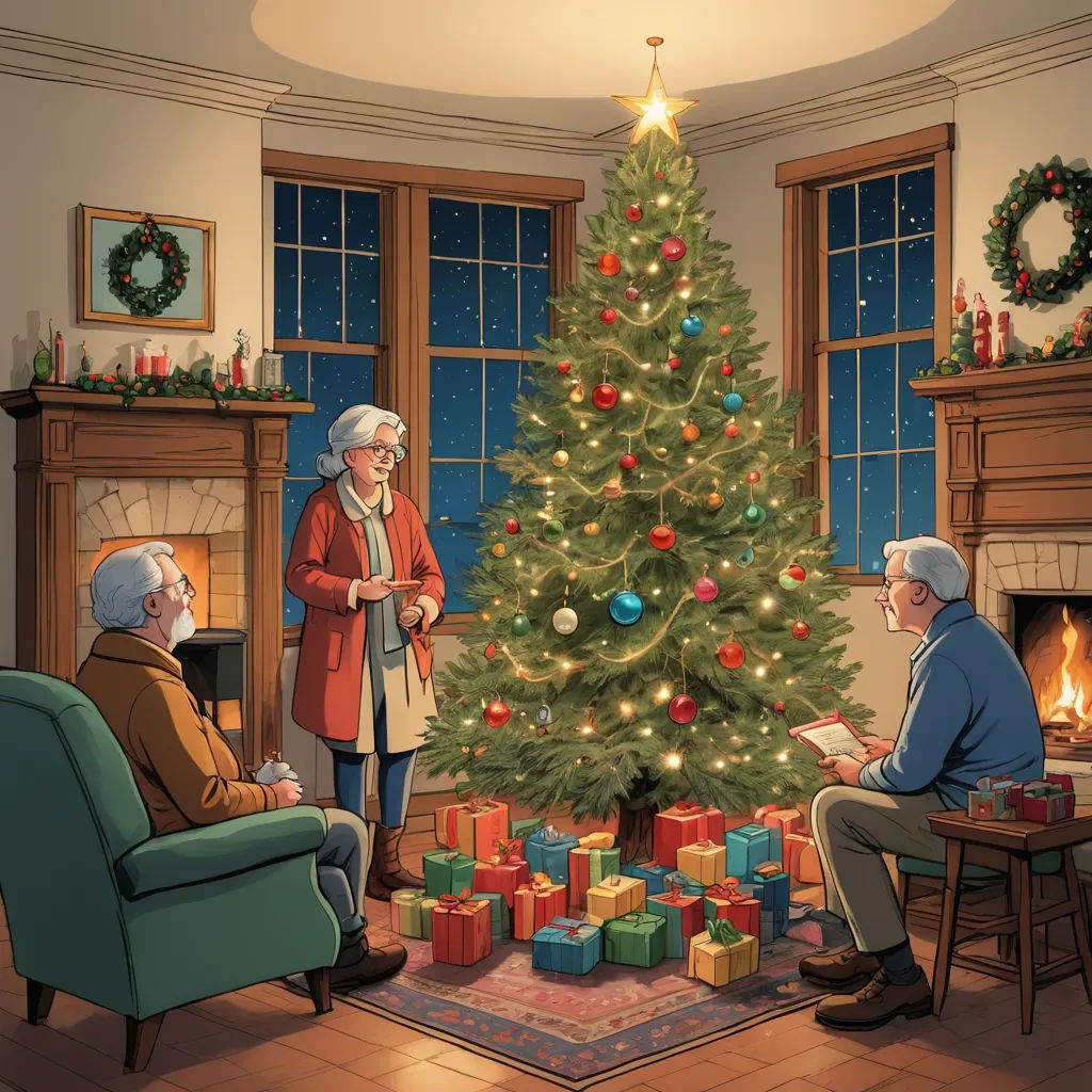 a man and woman sitting in front of a christmas tree with presents on the floor and a man standing next to a christmas tree, american scene painting, a storybook illustration, Ernest William Christmas, official art