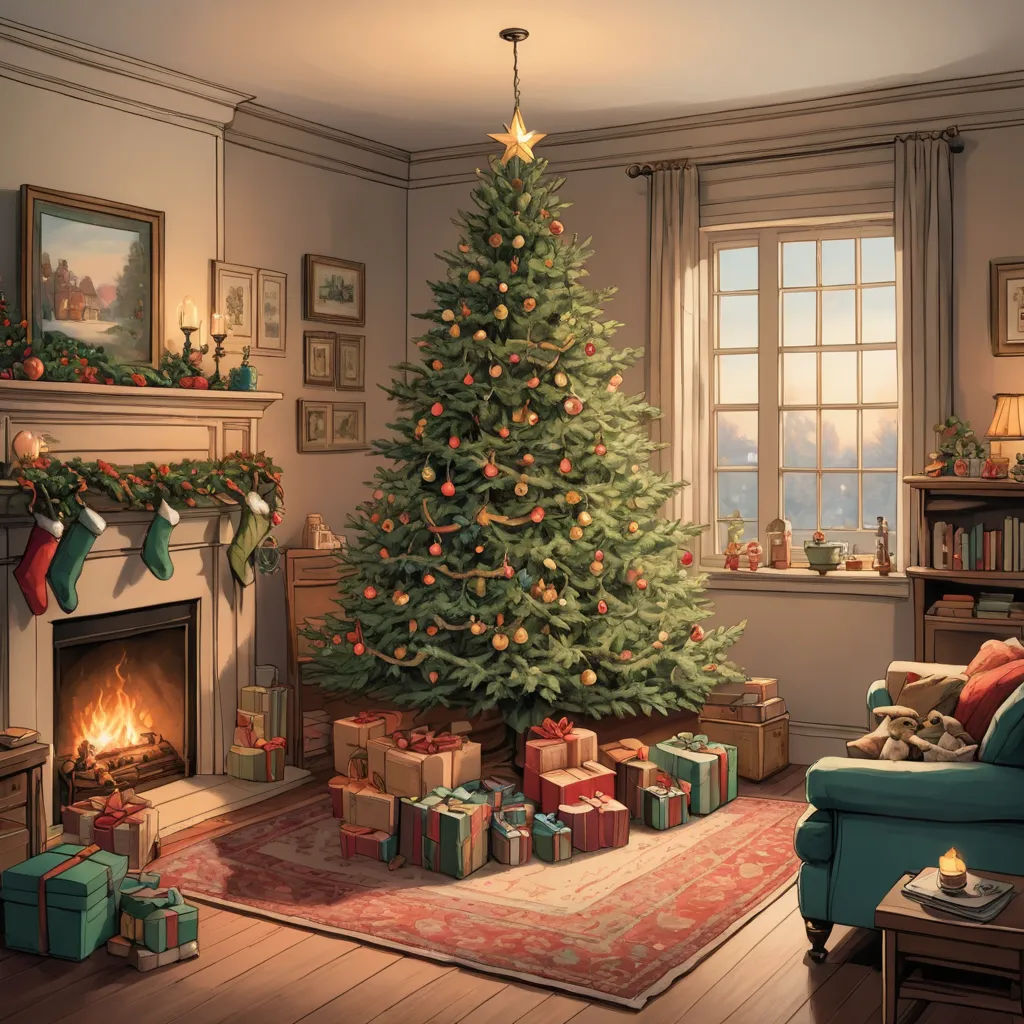 a christmas tree in a living room with presents under it and a fireplace in the corner of the room, american scene painting, a storybook illustration, Evgeny Lushpin, kinkade