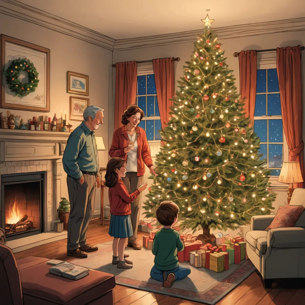 a family standing around a christmas tree in a living room with a lit fireplace and a christmas tree in the corner, american scene painting, a storybook illustration, Evgeny Lushpin, official art