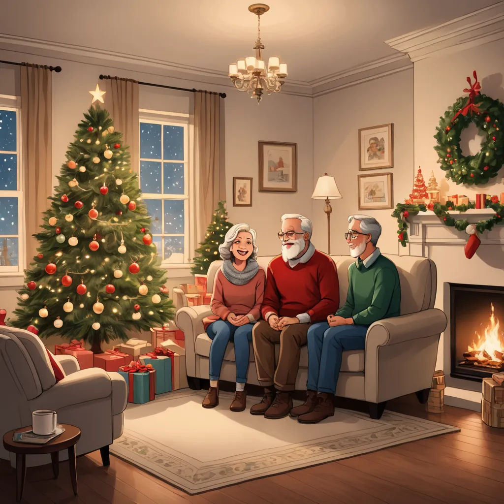 a painting of a family sitting on a couch in front of a christmas tree and a fireplace with a lit candle, sots art, a storybook illustration, Evgeny Lushpin, official art