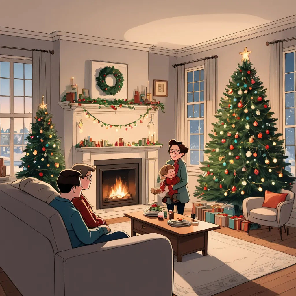 a family is sitting in front of a christmas tree in a living room with a fireplace and a christmas tree, american scene painting, a storybook illustration, Atey Ghailan, official art
