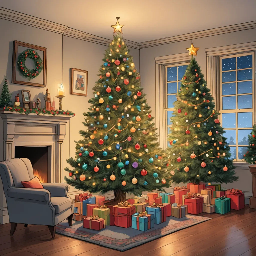 a christmas tree in a living room with presents under it and a fireplace in the background with a christmas tree in the corner, photorealism, a digital rendering, Evgeny Lushpin, official art