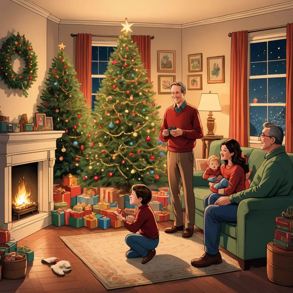 a family sitting around a christmas tree in a living room with a man standing in front of a christmas tree, american realism, a storybook illustration, Ernest William Christmas, official art