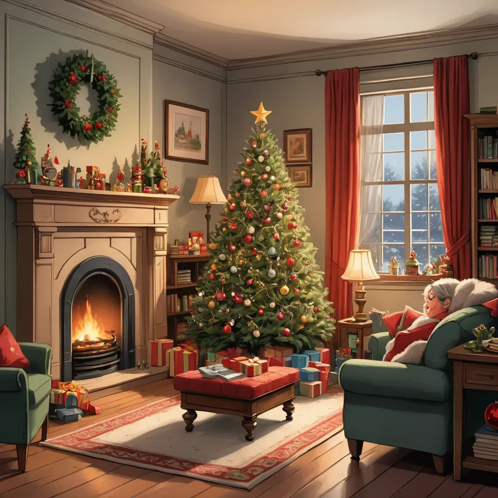 a living room with a christmas tree and a fire place in it's corner and a woman laying on a couch, american scene painting, a storybook illustration, Evgeny Lushpin, cgstudio