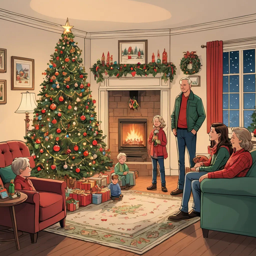 a family sitting around a christmas tree in a living room with a man standing in the corner of the room, american scene painting, a storybook illustration, Ernest William Christmas, official art
