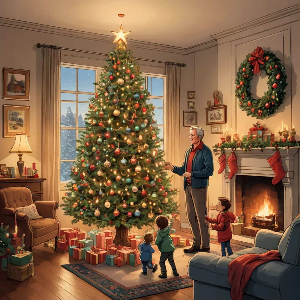 a man and a child are standing in front of a christmas tree in a living room with a fireplace, american scene painting, a storybook illustration, Evgeny Lushpin, kinkade