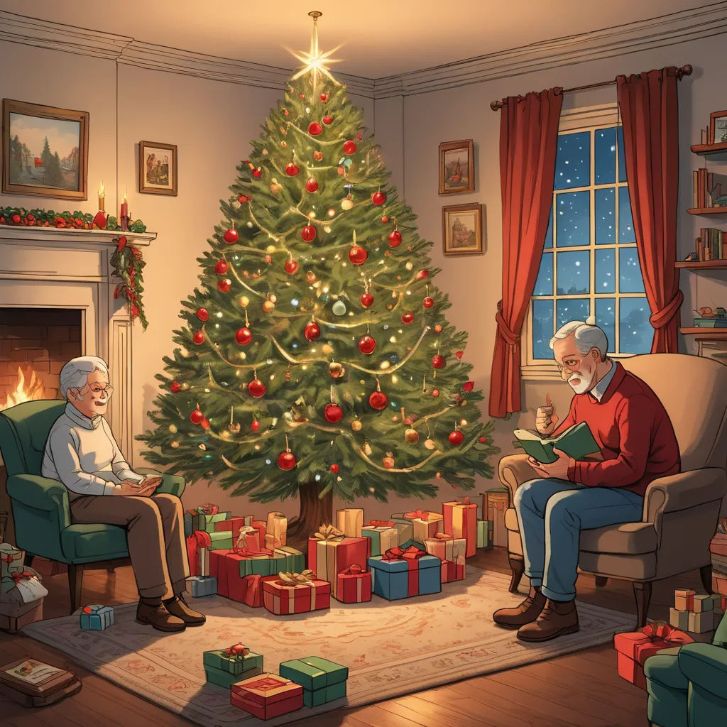 a man and a woman sitting in chairs in front of a christmas tree with presents under it and a man reading a book, american realism, a storybook illustration, Ernest William Christmas, official art