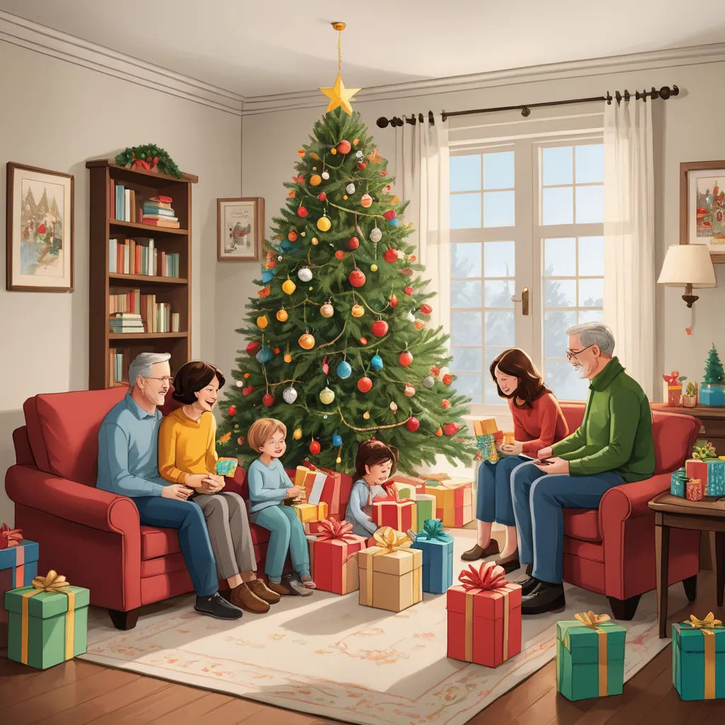 a family sitting around a christmas tree with presents under it and a christmas tree in the background with presents under it, american scene painting, a storybook illustration, Ernest William Christmas, official art