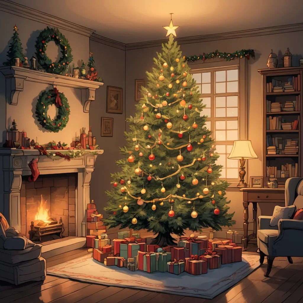 a christmas tree in a living room with presents under it and a fireplace in the background with a wreath on top, fantasy art, a storybook illustration, Evgeny Lushpin, official art