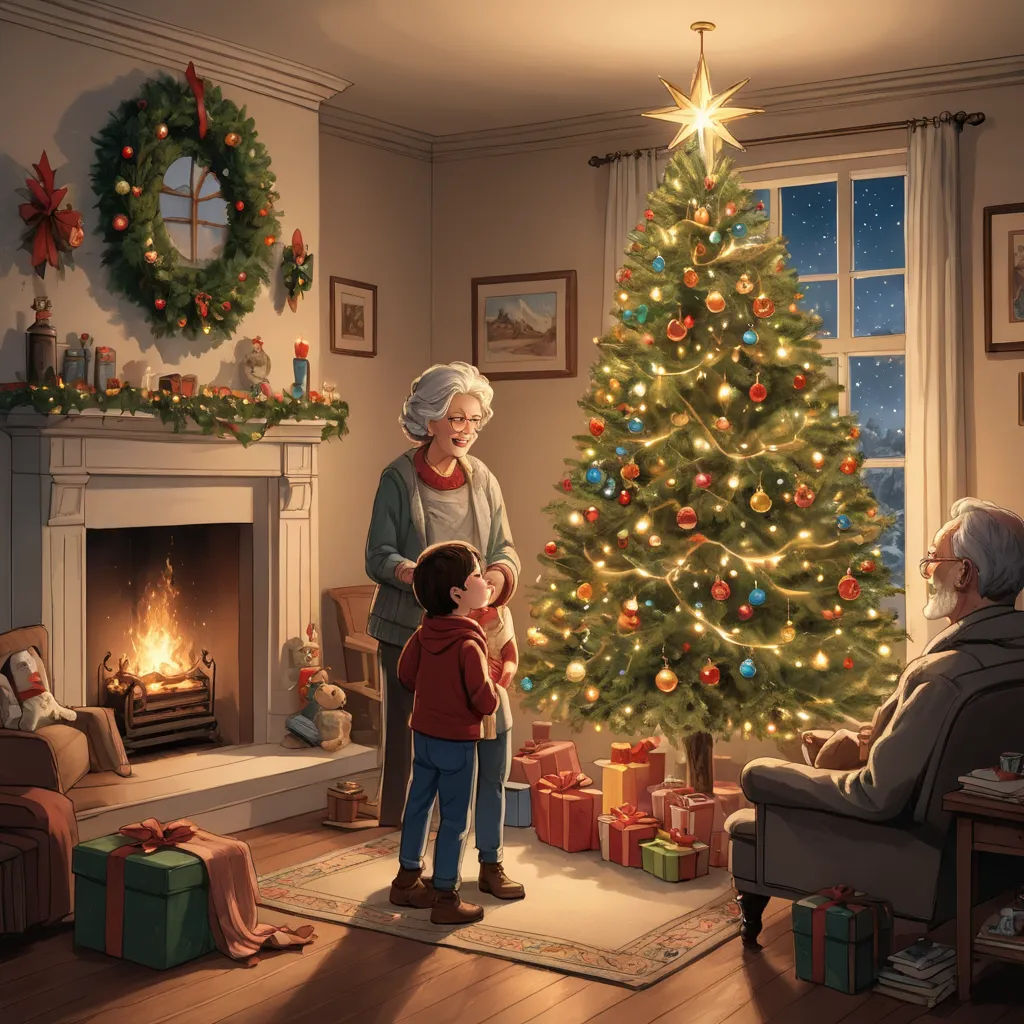 a woman and a child standing in front of a christmas tree with presents on the floor and a man sitting in a chair, fantastic realism, a storybook illustration, Evgeny Lushpin, official art