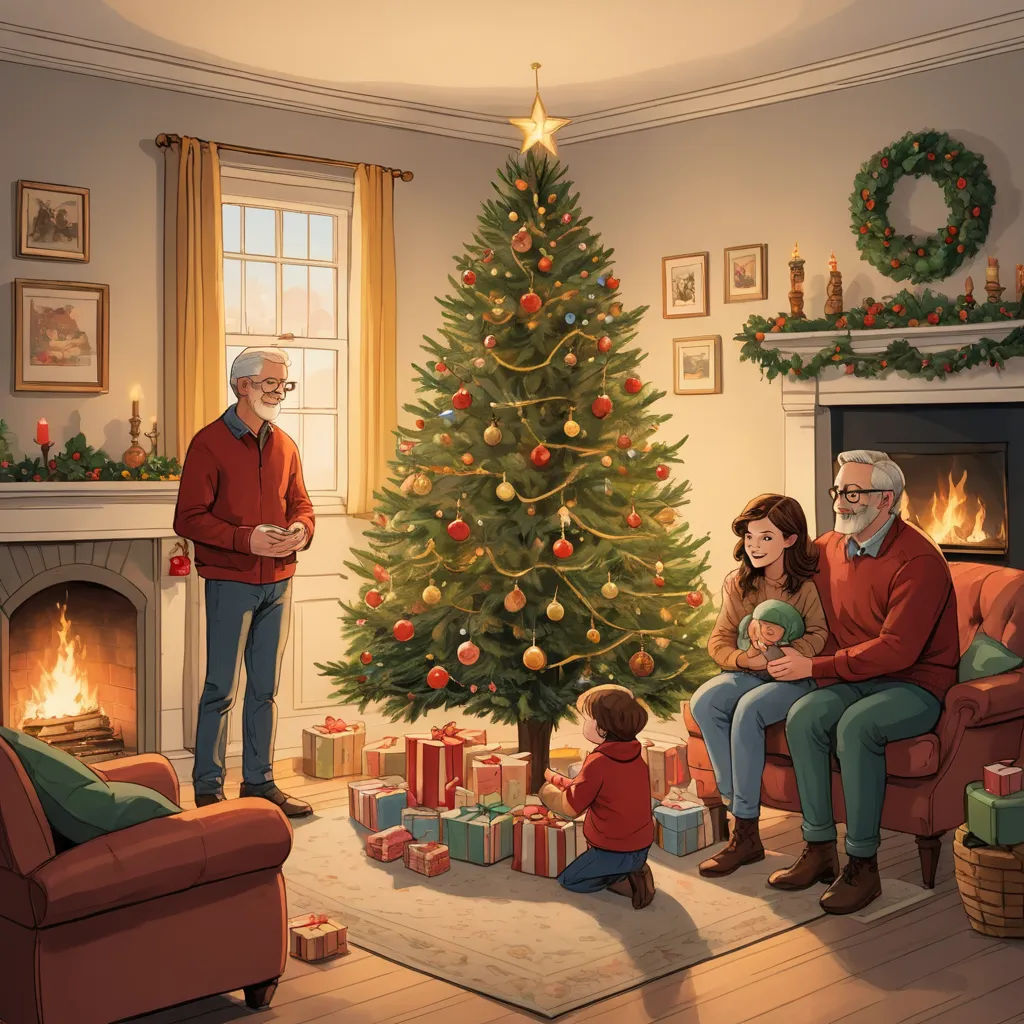 a family sitting around a christmas tree in a living room with presents on the floor and a man standing next to a christmas tree, photorealism, a storybook illustration, Ernest William Christmas, official art