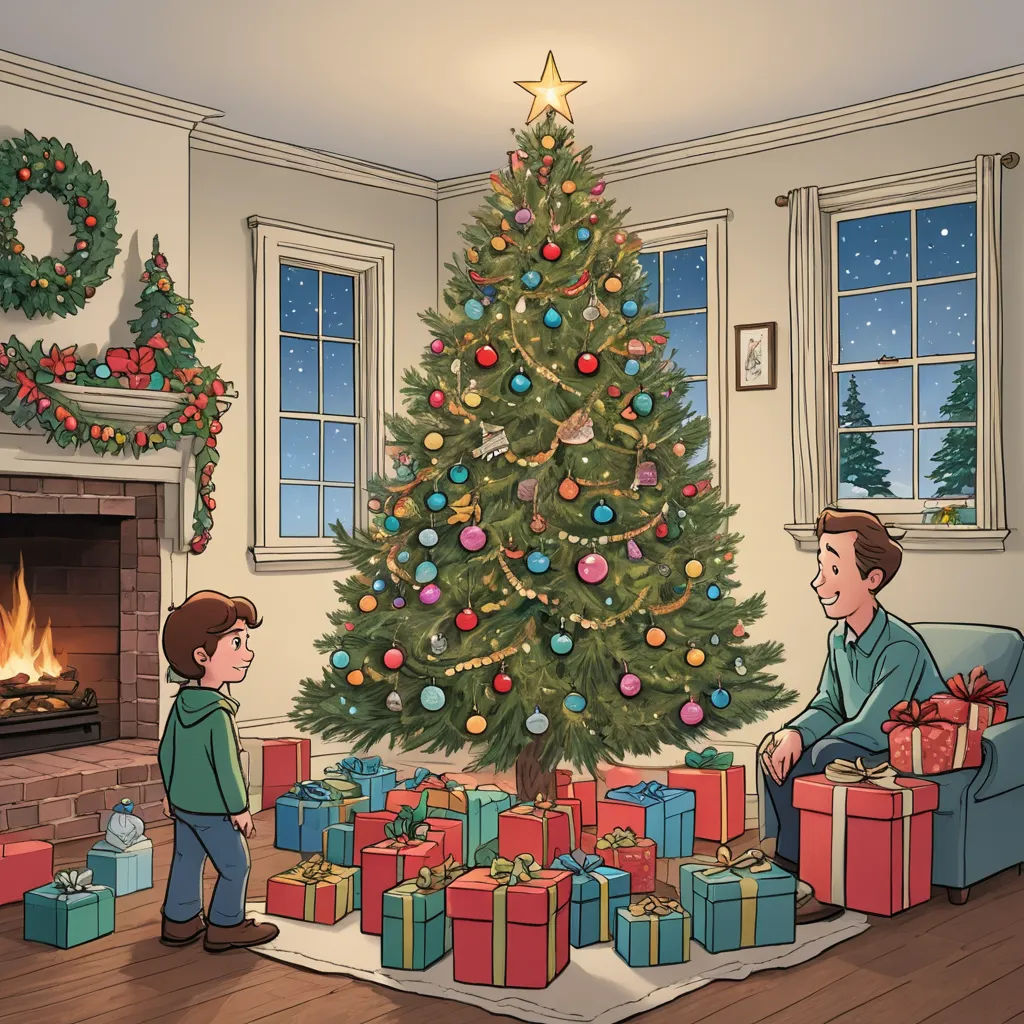 a boy and a boy are sitting in front of a christmas tree with presents under it and a man is looking at the tree, naive art, a storybook illustration, Ernest William Christmas, official art