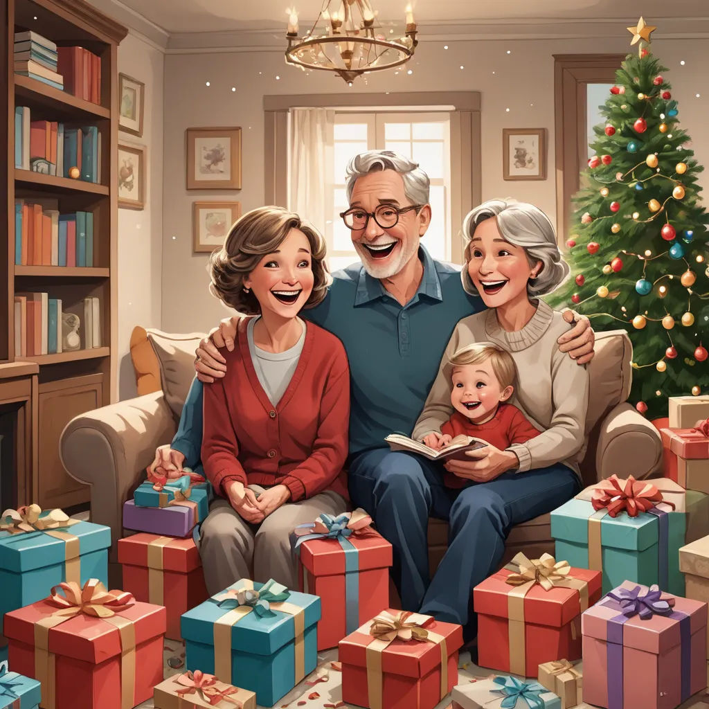 a family sitting on a couch with presents under a christmas tree and a christmas tree in the background with a christmas tree, photorealism, a storybook illustration, Cliff Childs, official art