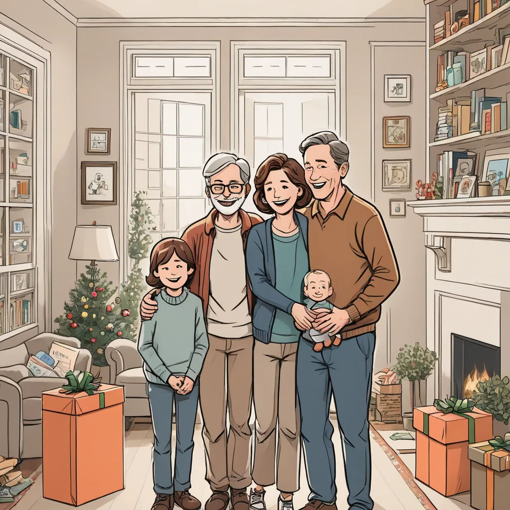 a family standing in a living room with a christmas tree in the background and a fireplace in the middle, fantastic realism, a storybook illustration, Asaf Hanuka, official art