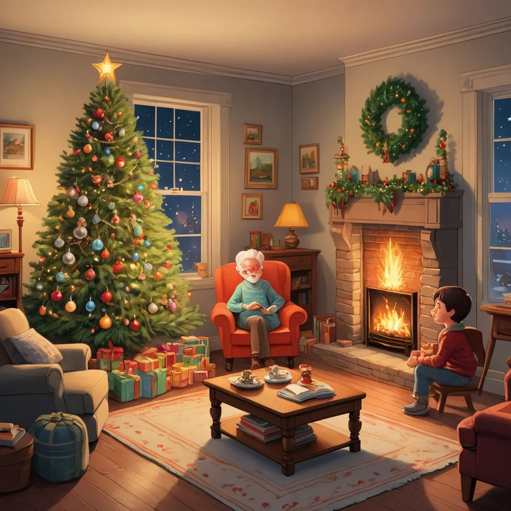 a child sitting in a chair in front of a christmas tree in a living room with a fire place, sots art, a storybook illustration, Evgeny Lushpin, official art