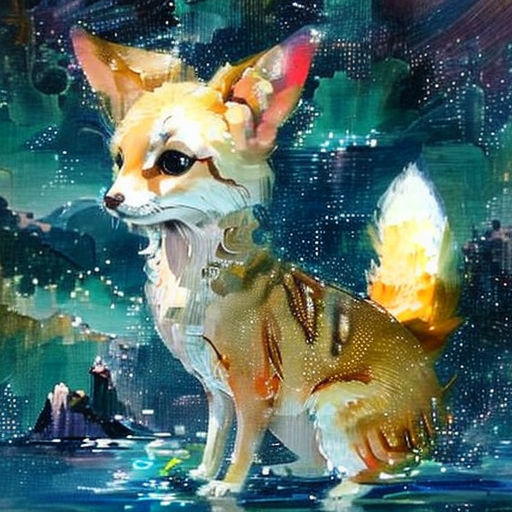 a painting of a dog standing in the water with a sky background and stars in the sky above it