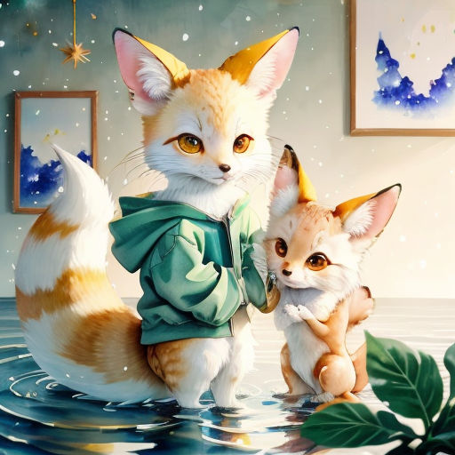 a painting of two foxes in a room with a painting of a cat and a dog on the wall