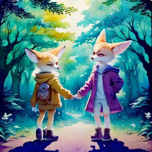 two foxes are holding hands in the woods, one is wearing a backpack and the other is wearing a jacket