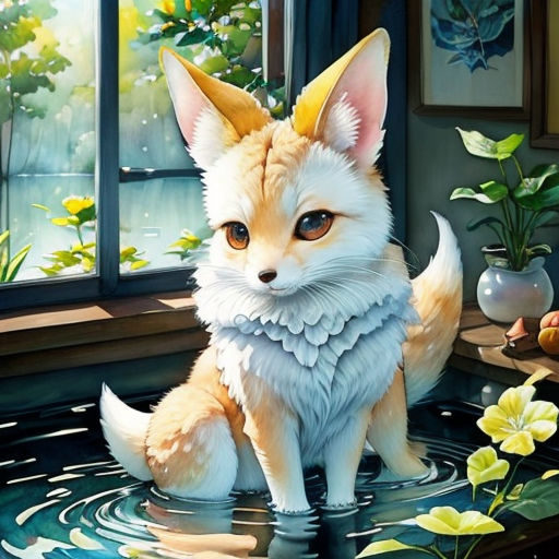 a painting of a cat sitting in a pool of water with flowers in the background and a window behind it