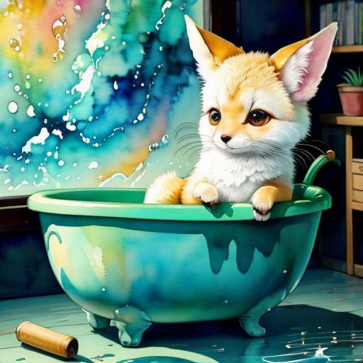 a painting of a fox in a bathtub with a paintbrush on the floor next to it and a painting of a rainbow background