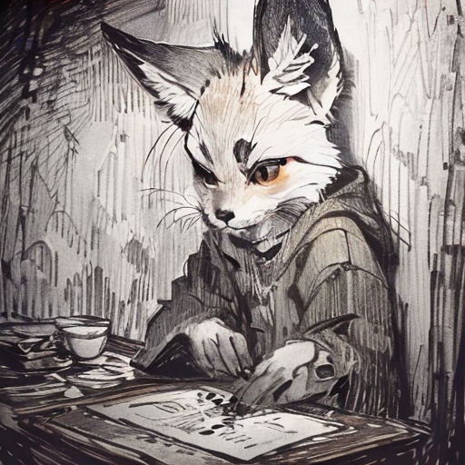 a drawing of a fox sitting at a table with a book and cup of coffee in front of it
