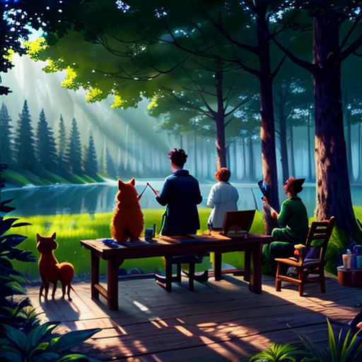 a painting of people sitting at a picnic table in the woods with a dog and a cat looking at a lake