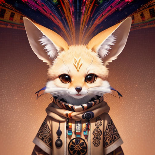 a fox with a feather on its head and a scarf around its neck, wearing a costume with a pattern on it