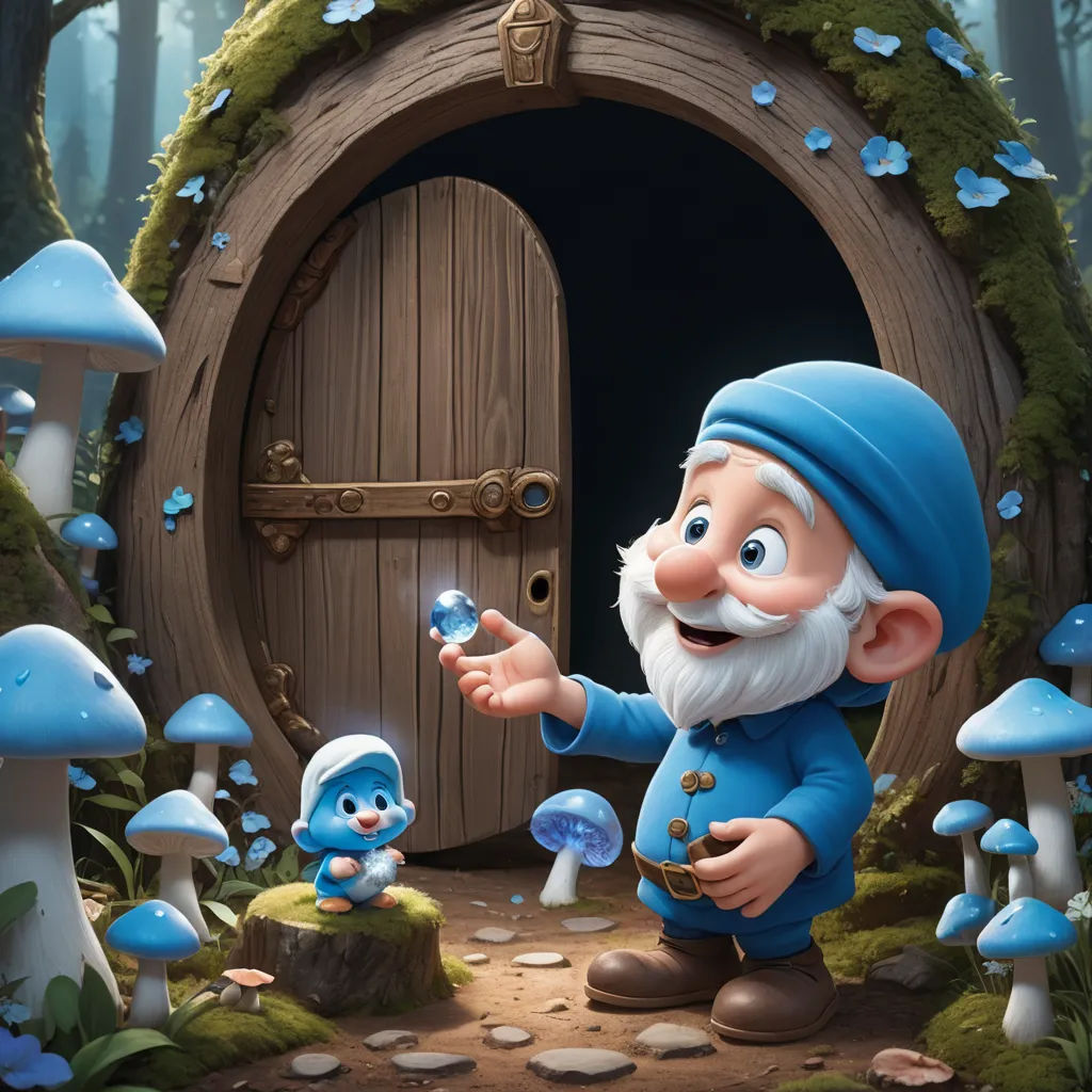 a cartoon gnome is holding a crystal ball in front of a door with mushrooms and mushrooms surrounding it,, fantasy art, a storybook illustration, Cliff Childs, highly detailed digital painting