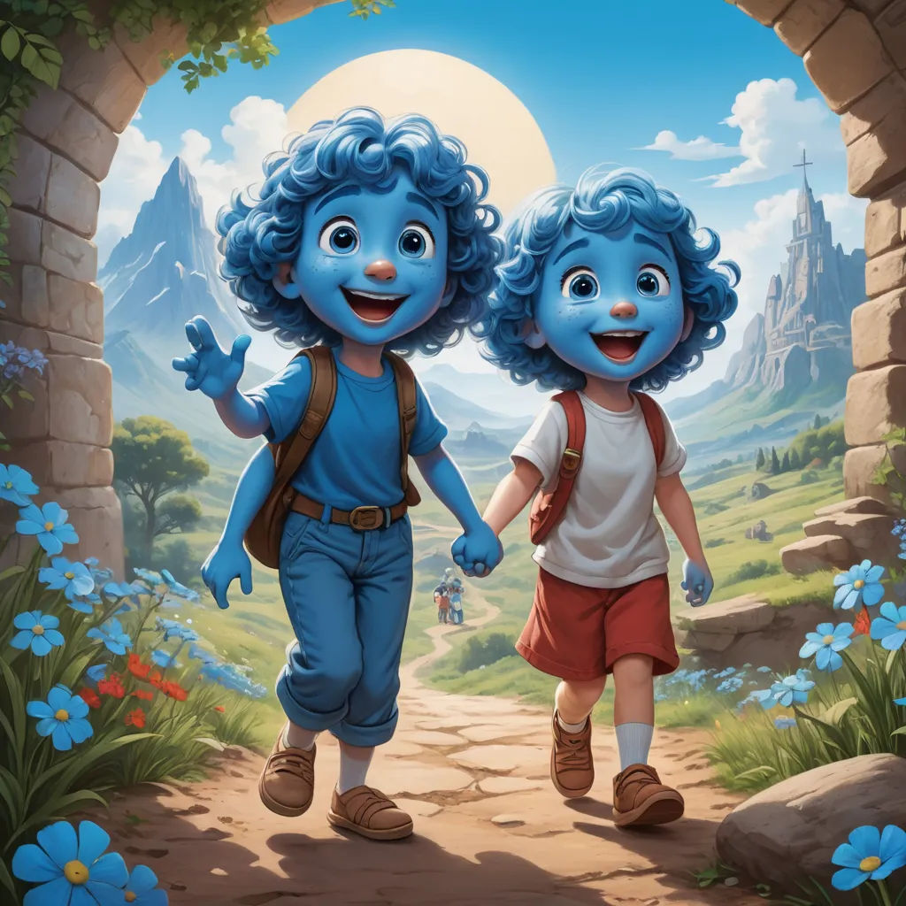 a couple of kids walking down a dirt road next to a forest filled with blue flowers and a castle, sots art, concept art, Drew Struzan, official art
