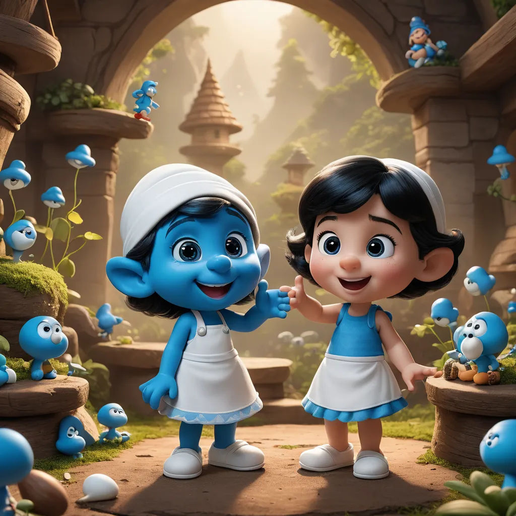 a cartoon character is giving a little girl something to shake hands with a smurf in the background, photorealism, a comic book panel, Cliff Childs, promotional image