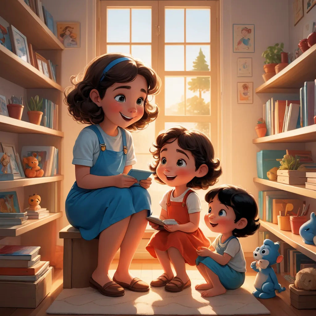 a painting of a mother and two children sitting on a bench in a room with bookshelves and toys, sots art, a storybook illustration, Chris LaBrooy, storybook illustration